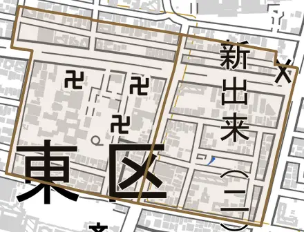 新出来とその周辺の地図。町の範囲を重ねている