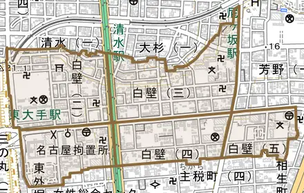 白壁とその周辺の地図。町の範囲を重ねている