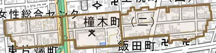橦木町とその周辺の地図。町の範囲を重ねている