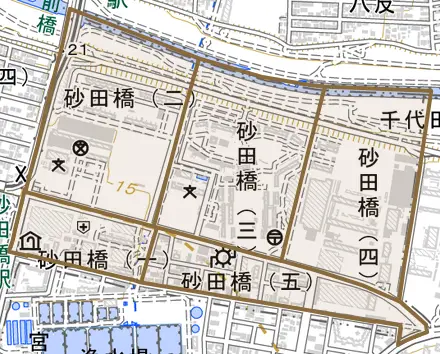 砂田橋とその周辺の地図。町の範囲を重ねている