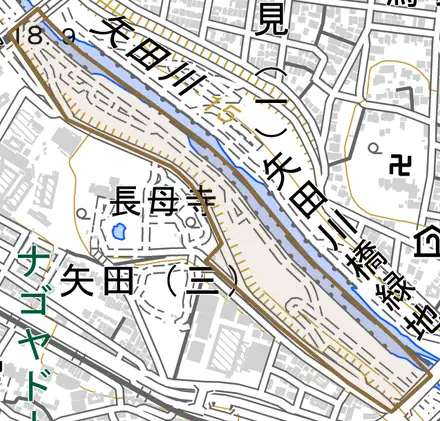 矢田町とその周辺の地図。町の範囲を重ねている