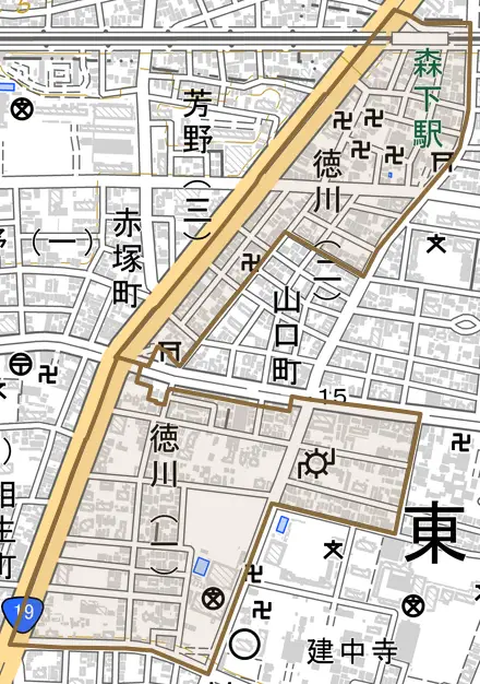 徳川とその周辺の地図。町の範囲を重ねている