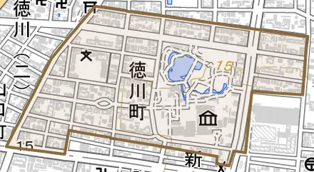徳川町とその周辺の地図。町の範囲を重ねている