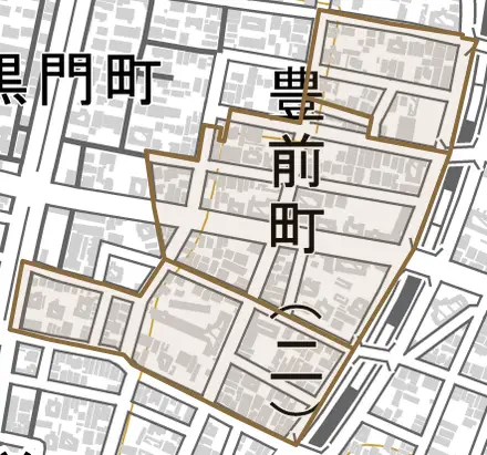 豊前町とその周辺の地図。町の範囲を重ねている