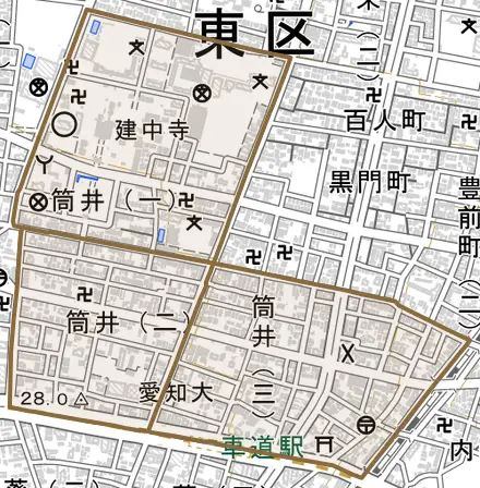 筒井とその周辺の地図。町の範囲を重ねている