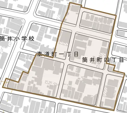 筒井町とその周辺の地図。町の範囲を重ねている