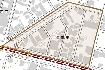 矢田東とその周辺の地図。町の範囲を重ねている