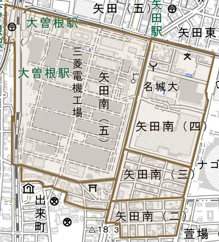 矢田南とその周辺の地図。町の範囲を重ねている