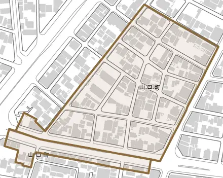 山口町とその周辺の地図。町の範囲を重ねている