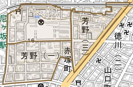 芳野とその周辺の地図。町の範囲を重ねている