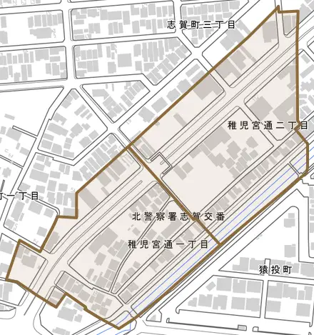 稚児宮通とその周辺の地図。町の範囲を重ねている
