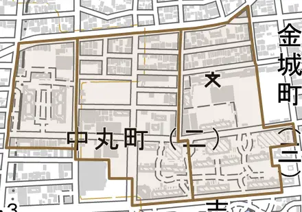 中丸町とその周辺の地図。町の範囲を重ねている