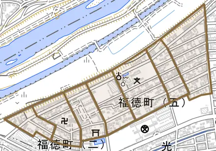福徳町とその周辺の地図。町の範囲を重ねている