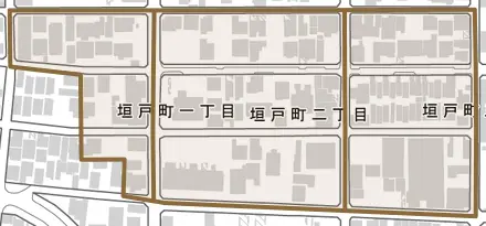 垣戸町とその周辺の地図。町の範囲を重ねている