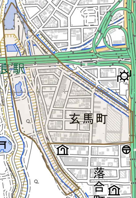 玄馬町とその周辺の地図。町の範囲を重ねている