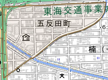 五反田町とその周辺の地図。町の範囲を重ねている