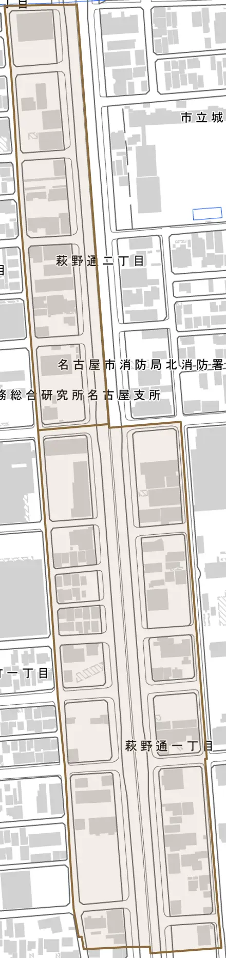 萩野通とその周辺の地図。町の範囲を重ねている