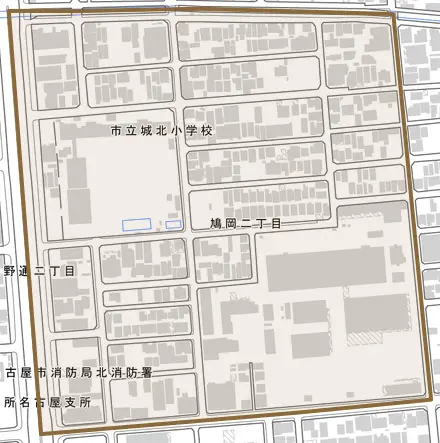 鳩岡とその周辺の地図。町の範囲を重ねている