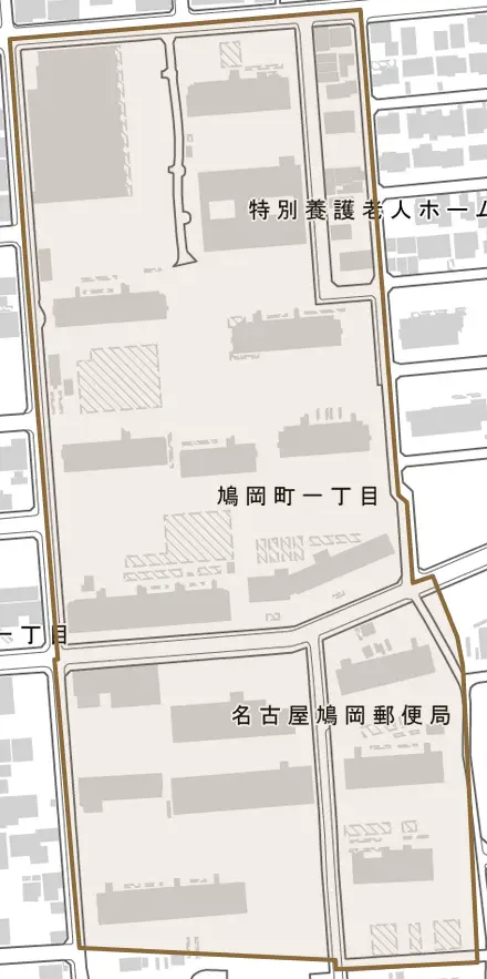 鳩岡町とその周辺の地図。町の範囲を重ねている