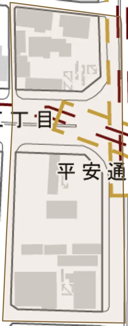 平安通とその周辺の地図。町の範囲を重ねている