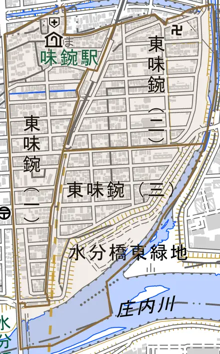 東味鋺とその周辺の地図。町の範囲を重ねている