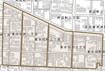 東水切町とその周辺の地図。町の範囲を重ねている