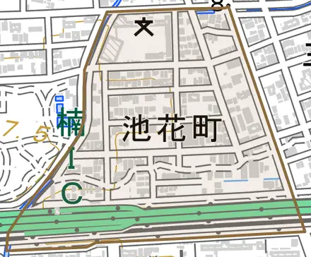 池花町とその周辺の地図。町の範囲を重ねている