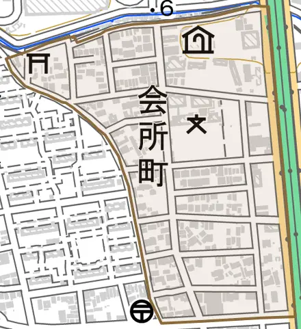 会所町とその周辺の地図。町の範囲を重ねている