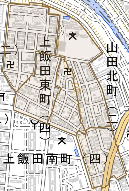 上飯田東町とその周辺の地図。町の範囲を重ねている