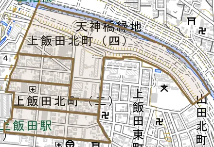 上飯田北町とその周辺の地図。町の範囲を重ねている
