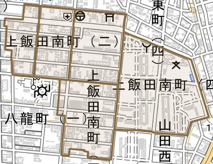 上飯田南町とその周辺の地図。町の範囲を重ねている