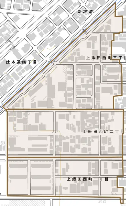 上飯田西町とその周辺の地図。町の範囲を重ねている