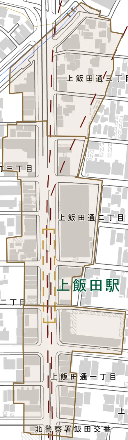 上飯田通とその周辺の地図。町の範囲を重ねている