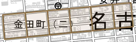 金田町とその周辺の地図。町の範囲を重ねている