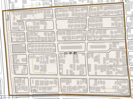 川中町とその周辺の地図。町の範囲を重ねている