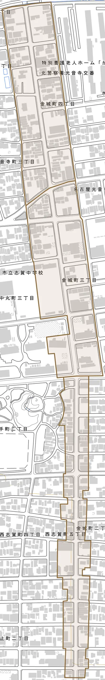 金城町とその周辺の地図。町の範囲を重ねている