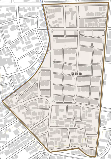 桐畑町とその周辺の地図。町の範囲を重ねている