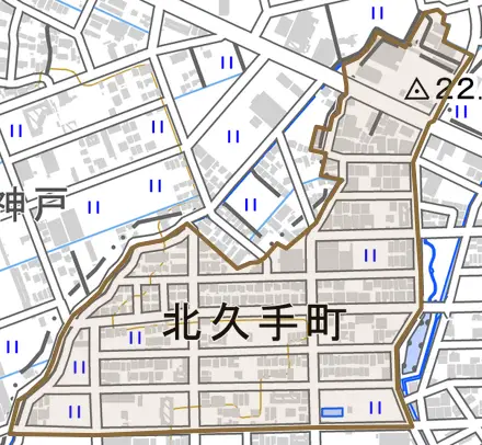 北久手町とその周辺の地図。町の範囲を重ねている