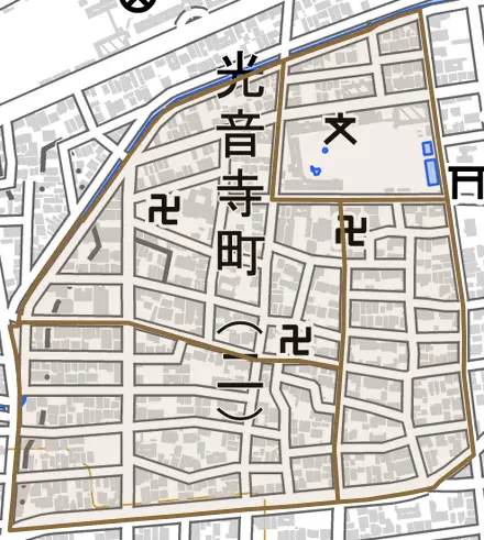 光音寺町とその周辺の地図。町の範囲を重ねている