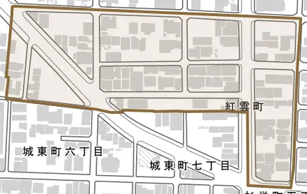 紅雲町とその周辺の地図。町の範囲を重ねている