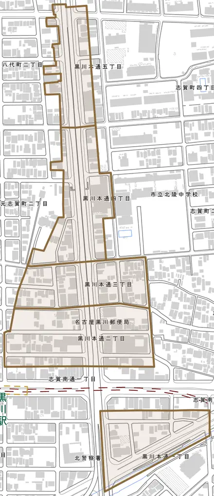 黒川本通とその周辺の地図。町の範囲を重ねている