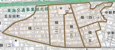 楠とその周辺の地図。町の範囲を重ねている