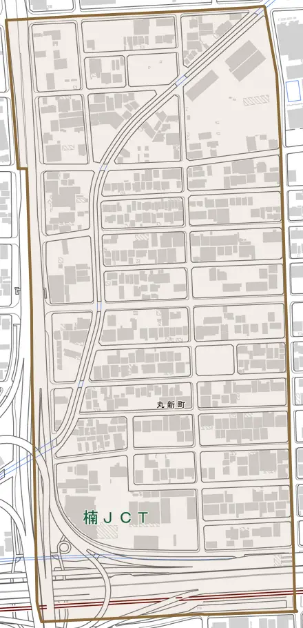 丸新町とその周辺の地図。町の範囲を重ねている