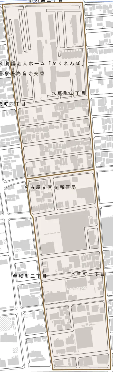 水草町とその周辺の地図。町の範囲を重ねている