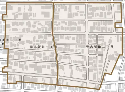 元志賀町とその周辺の地図。町の範囲を重ねている