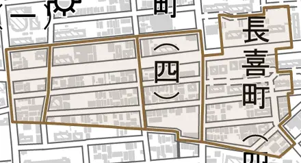 長喜町とその周辺の地図。町の範囲を重ねている