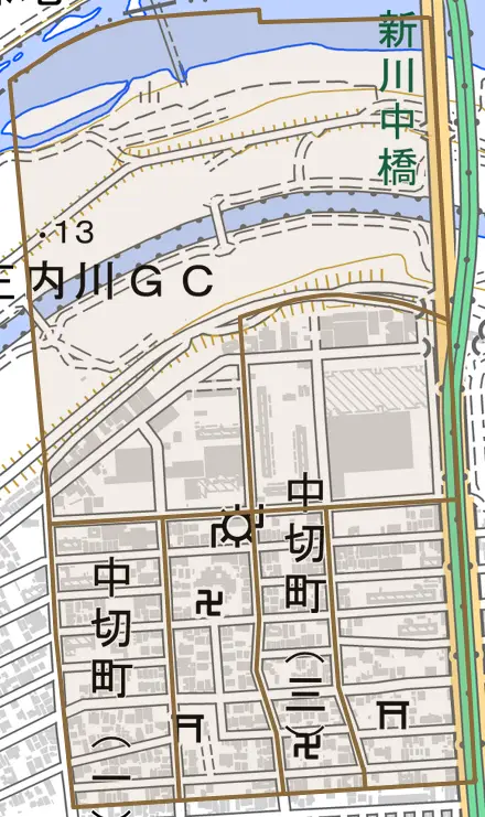 中切町とその周辺の地図。町の範囲を重ねている