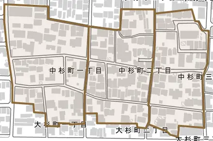中杉町とその周辺の地図。町の範囲を重ねている