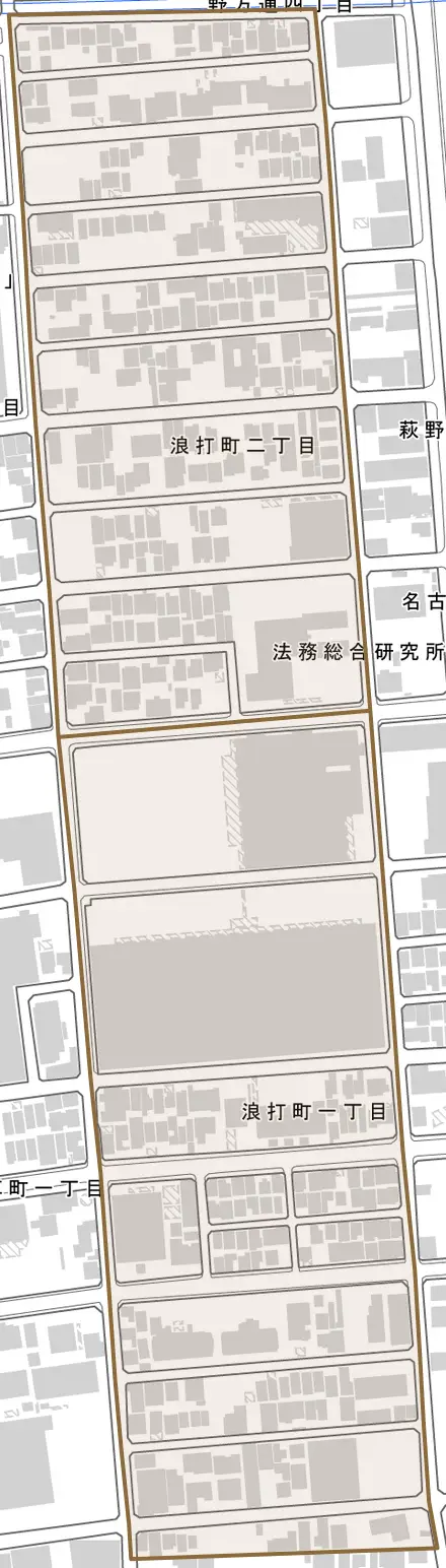 浪打町とその周辺の地図。町の範囲を重ねている
