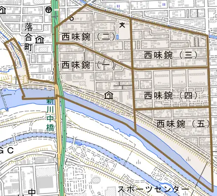 西味鋺とその周辺の地図。町の範囲を重ねている